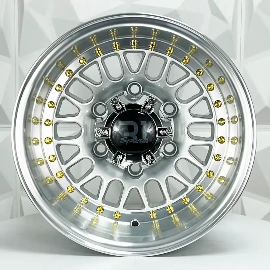 RIN 14X8 5-114.3 R1 SPORT LG20 SILVER MACHINE LIP GOLD RIVETS ET-27 CB78.1